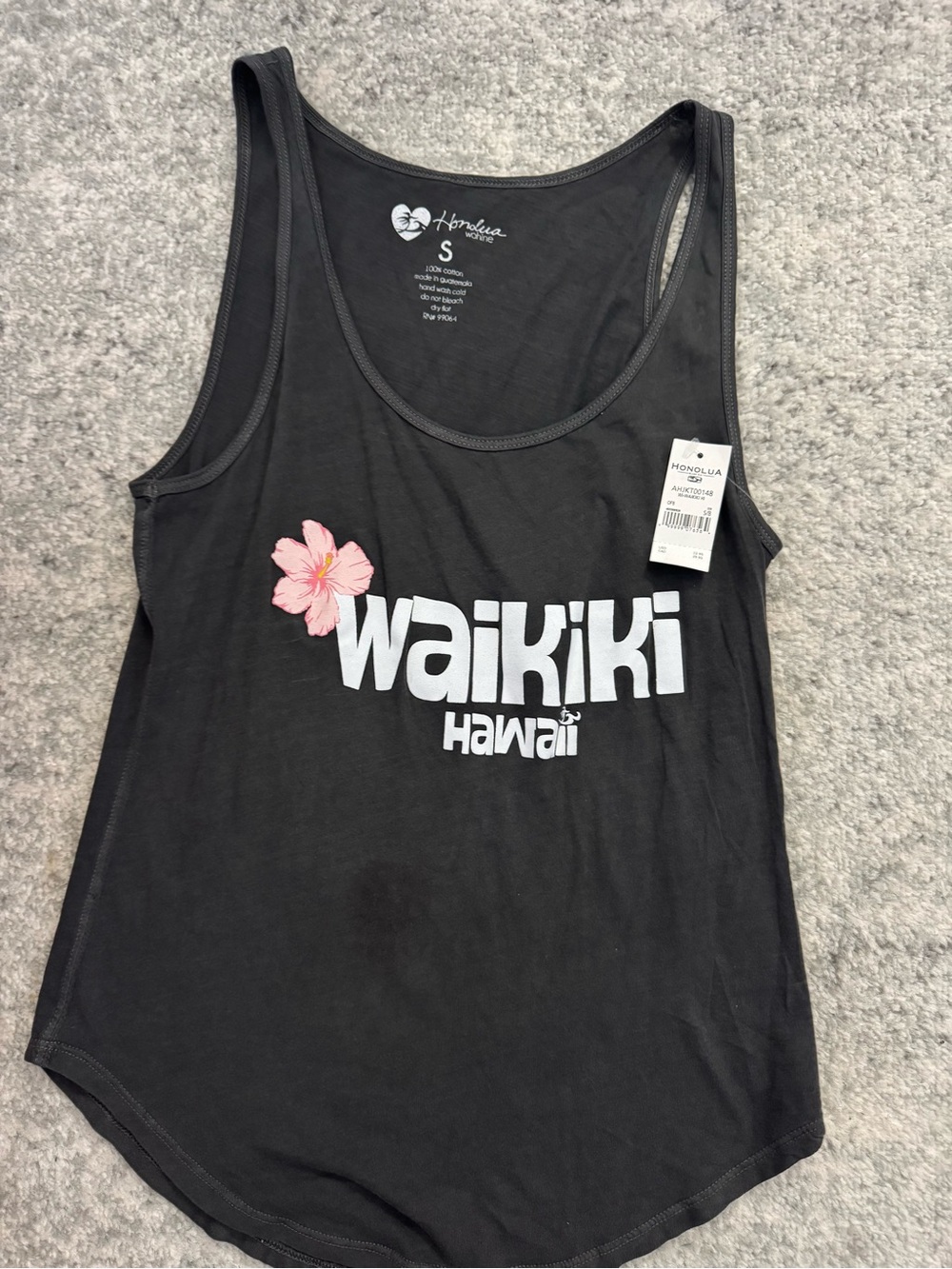 Waikiki Hawaii Black Tank Top with Pink Floral Accent - Small